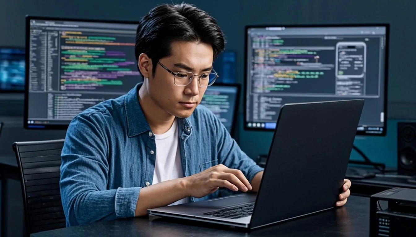 کدنویسی و توسعه محصولات دیجیتال روی لپتاپ با چند نمایشگر